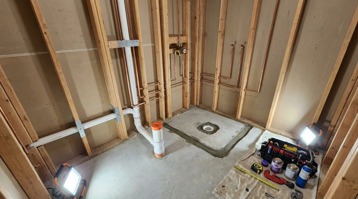 Bathroom rough-in plumbing during remodel by Johns Plumbing LLC in Haslett