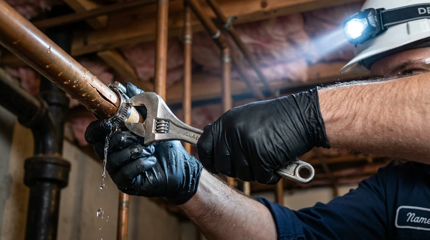 Emergency pipe clamp repair being performed by a Johns Plumbing LLC plumber in Haslett
