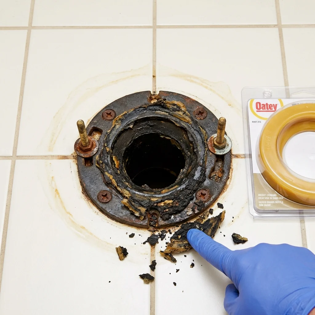 Failed wax ring showing water seepage at the base of a toilet in a Haslett, MI home