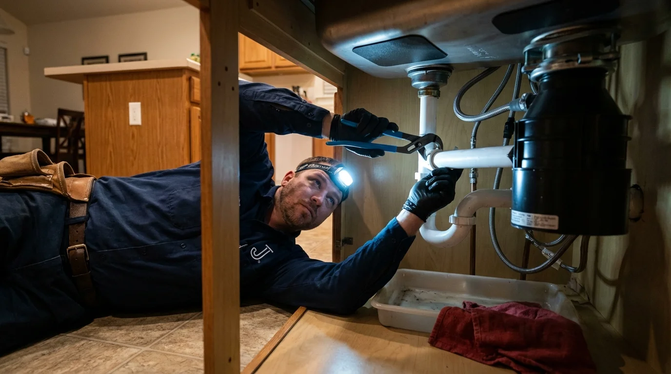 P-trap and supply line connections under a kitchen sink showing a common leak point in Haslett, MI